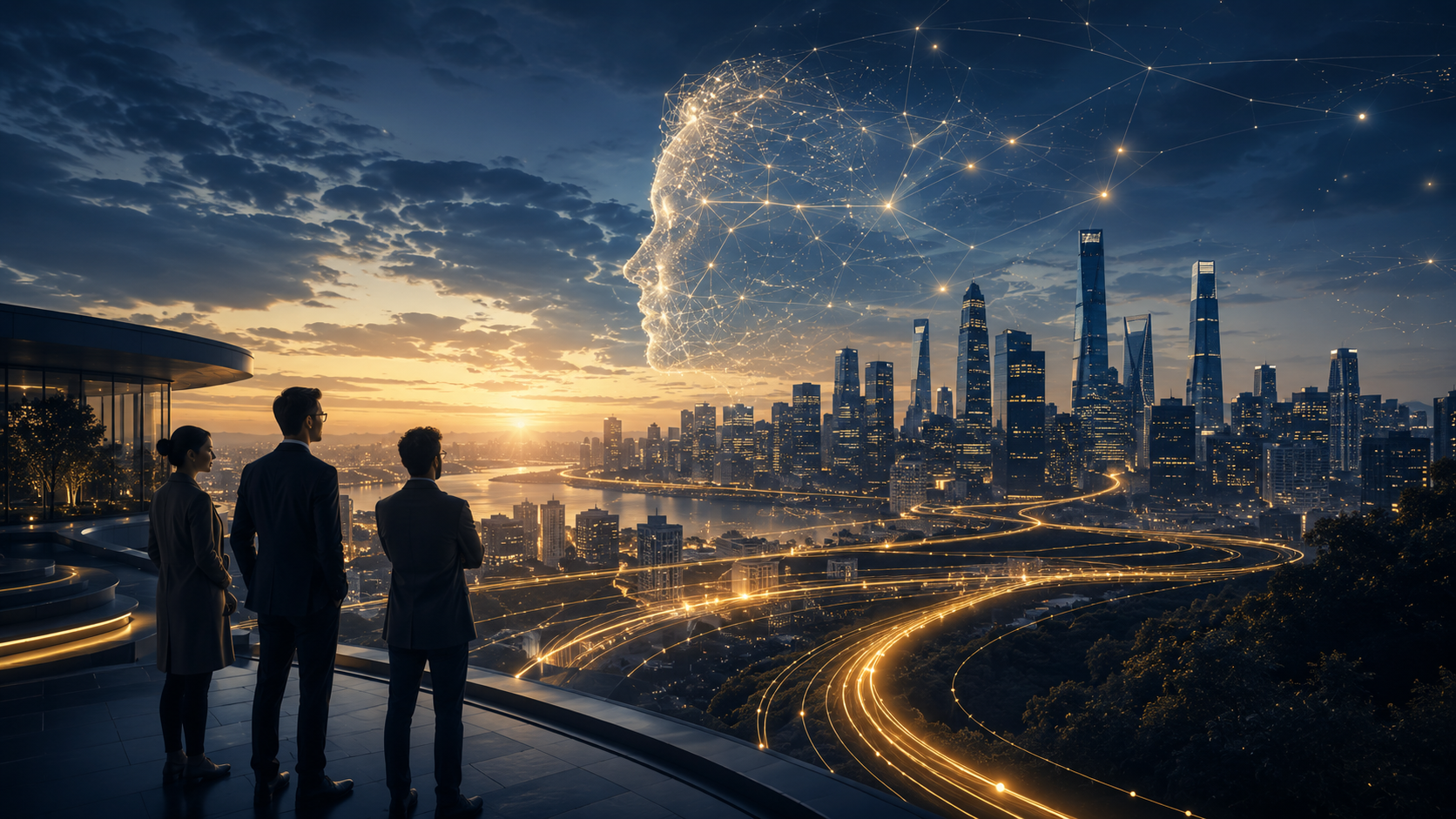 Futuristic cityscape with digital network overlay representing A.I., innovation, and connected systems